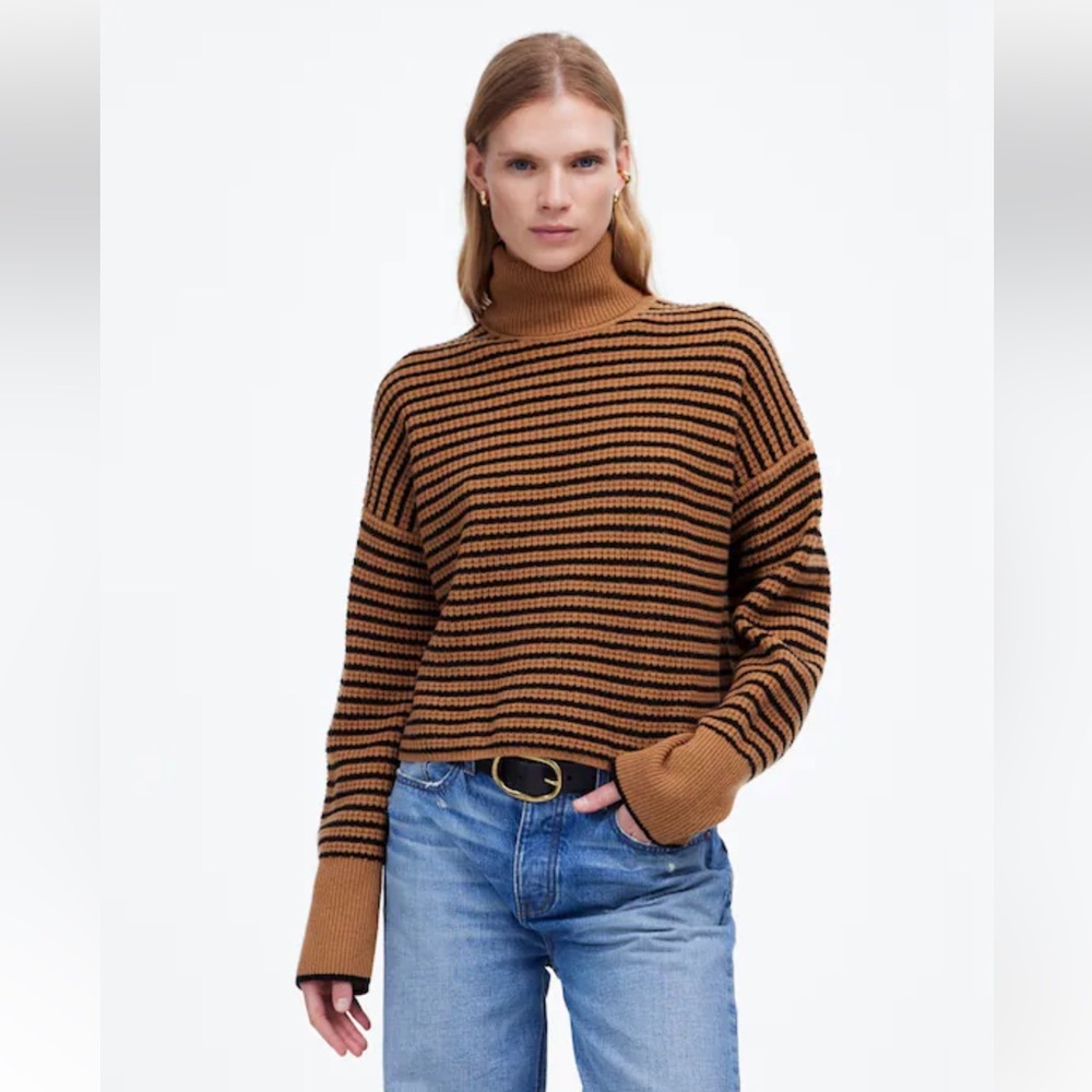 NWT Madewell Wool Waffle-Knit Turtleneck in Heather Caramel Stripe